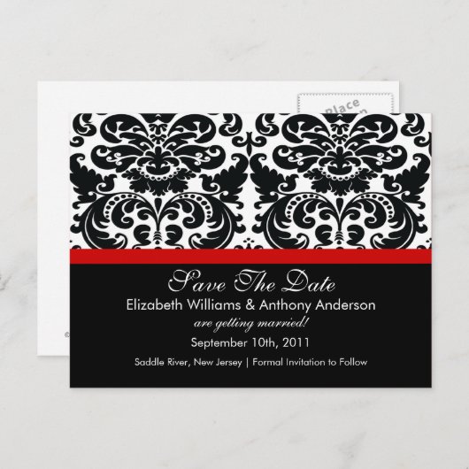 Damask Save the Date Red POSTCARD! Ankündigungspostkarte (Vorne/Hinten)