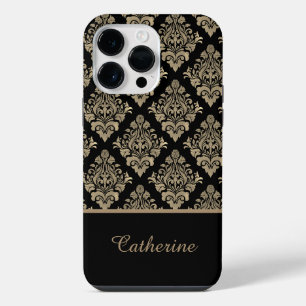 Damask Schwarz Gold Swirl Personalisierter Name iPhone 14 Pro Max Hülle