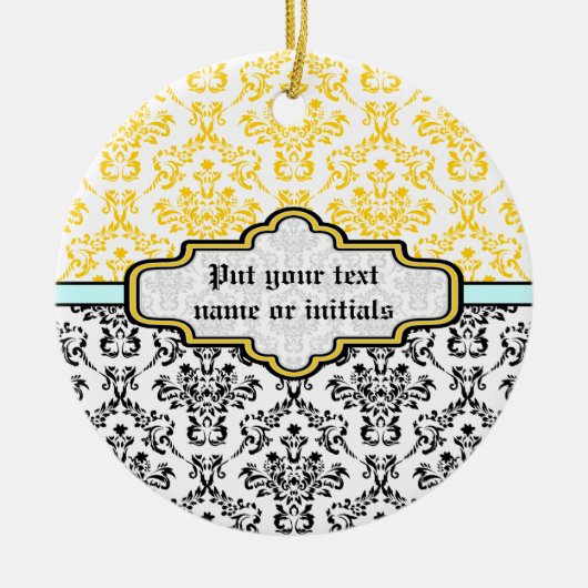 Damask Schwarz-weiß-gelbe Aqua-Ornament Keramikornament (Vorne)