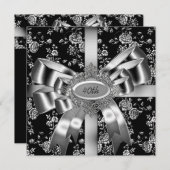 Damask Schwarz-weiß Jewel Silver Bow 40. Einladung (Vorne/Hinten)