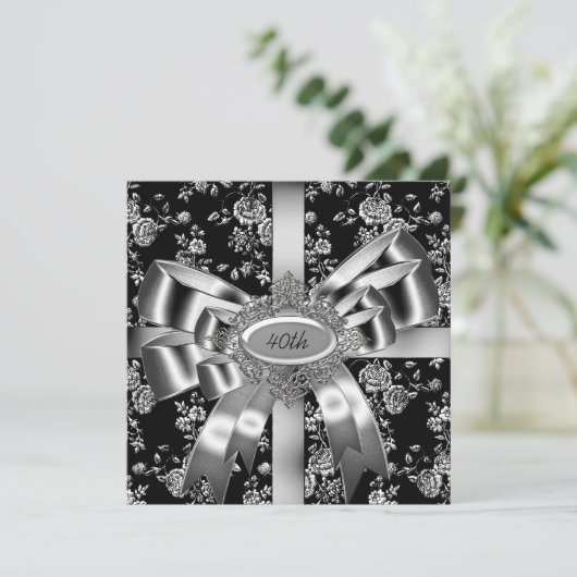 Damask Schwarz-weiß Jewel Silver Bow 40. Einladung (Stehend Vorderseite)