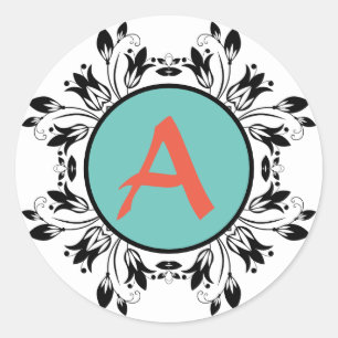 Damask schwarz-weiß MONOGRAM-Aufkleber Runder Aufkleber