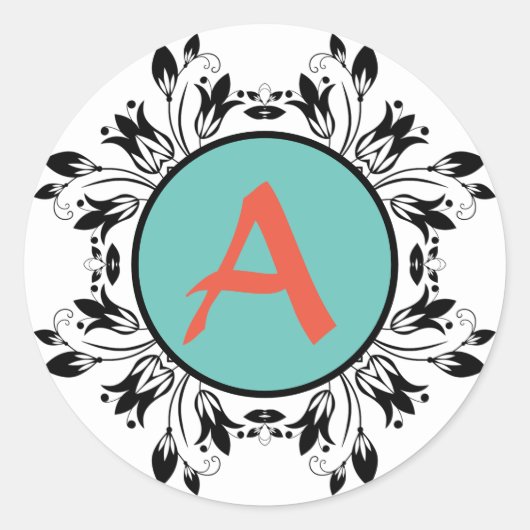 Damask schwarz-weiß MONOGRAM-Aufkleber Runder Aufkleber (Vorderseite)