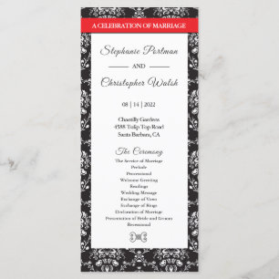 Damask Schwarz-weiß Red Stripe Hochzeitsprogramm Programm