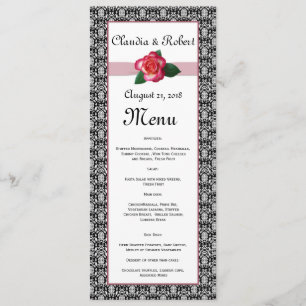 Damask Schwarz-weiß, rote Rose Wedding Menu Menükarte