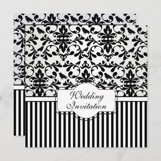 Damask Schwarz-weiße Wirbel, Vögel, Streifen Hochz Einladung (Vorne/Hinten)