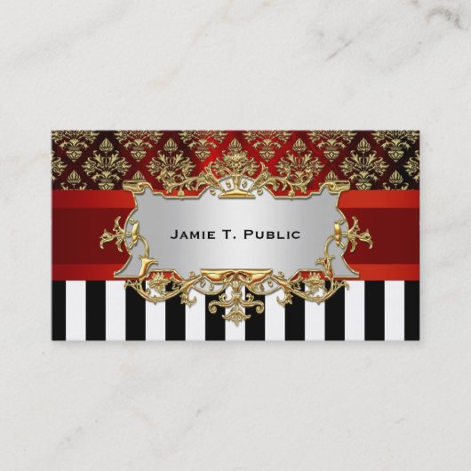 Damask, Schwarz-weißer Streifen, rote Schleife, Go Visitenkarte (Vorderseite)