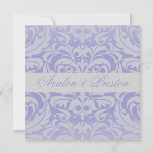 Damask Scroll Ribbon Blue Wedding Einladung (Vorderseite)