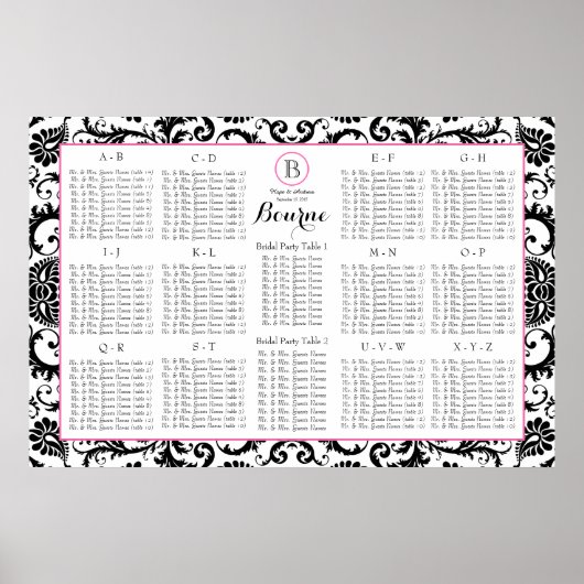 Damask Seating Chart Tischnummern - Alphabetisch Poster (Vorne)
