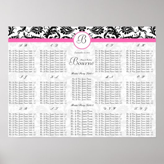 Damask Seating Chart Tischnummern - Alphabetisch Poster (Vorne)