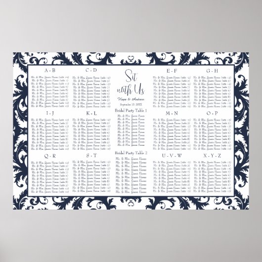 Damask Seating Chart Tischnummern - Alphabetisch Poster (Vorne)