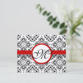 Damask Side Borders Red Trim Wedding RSVP Karte (Stehend Vorderseite)