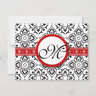 Damask Side Borders Red Trim Wedding RSVP Karte