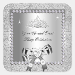 Damask Silver Diamonds Tiara Bow Herzbilder Quadratischer Aufkleber