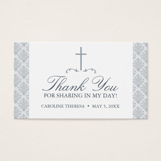 Damask Silver Grau mit Cross FAVOR CARD (Vorderseite)