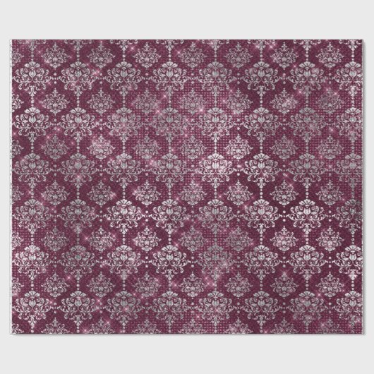 Damask Silver Gray Royal Burgundy Beet Funkelnd Geschenkpapier (Flach)