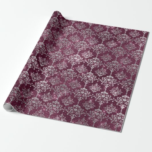 Damask Silver Gray Royal Burgundy Beet Funkelnd Geschenkpapier (Ungerollt)