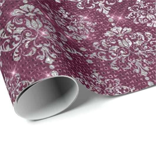Damask Silver Gray Royal Burgundy Beet Funkelnd Geschenkpapier (Rolleneckpunkt)