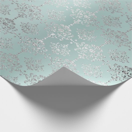 Damask Silver Ice Aqua Geschenkpapier (Ecke)