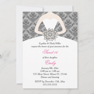 Damask Silver Pink Sweet 16 Geburtstag Einladung