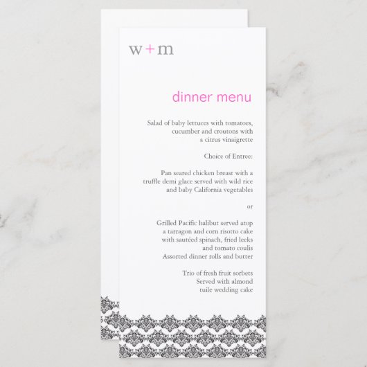 Damask Simplicity Gray Pink Wedding Menu Menükarte (Vorne/Hinten)