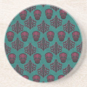 DAMASK SKULL HOT PINK AUF AQUAMARIN SANDSTEIN UNTERSETZER