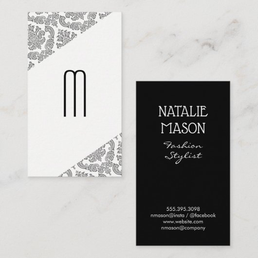 Damask Slanted Modern Monogram Visitenkarte (Vorne/Hinten)