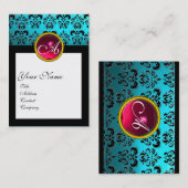 DAMASK SQUARE MONOGRAM, blaues Turquase, rotes Rub Visitenkarte (Vorne/Hinten)