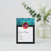 DAMASK SQUARE MONOGRAM, blaues Turquase, rotes Rub Visitenkarte (Stehend Vorderseite)