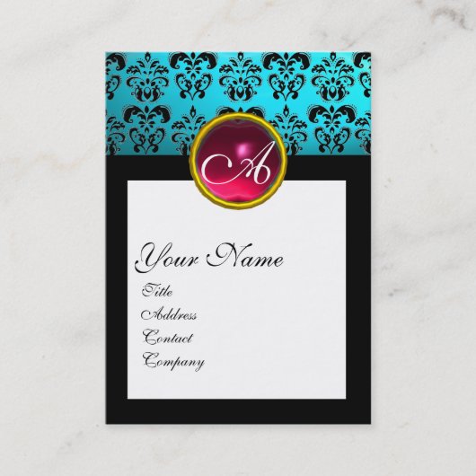 DAMASK SQUARE MONOGRAM, blaues Turquase, rotes Rub Visitenkarte (Vorderseite)