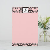 DAMASK SQUARE MONOGRAMM, schwarz und rosa Briefpapier (Stehend Vorderseite)