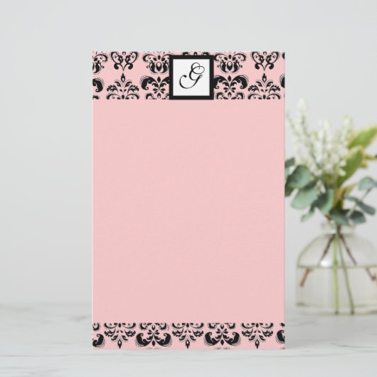 DAMASK SQUARE MONOGRAMM, schwarz und rosa Briefpapier (Stehend Vorderseite)