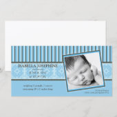 Damask & Stripes Blue Birth Ankündigung (Vorne/Hinten)