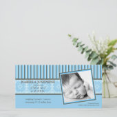 Damask & Stripes Blue Birth Ankündigung (Stehend Vorderseite)