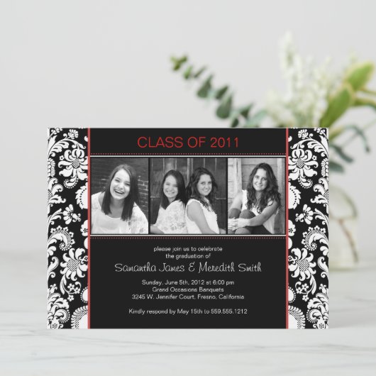 Damask Stripes Grad - Schwarz/Weiß/Rot Einladung (Stehend Vorderseite)