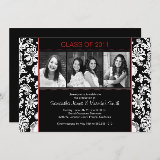 Damask Stripes Grad - Schwarz/Weiß/Rot Einladung (Vorne/Hinten)