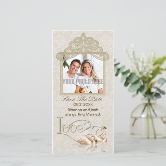 Damask Swan Elegance - Save the Date (Stehend Vorderseite)