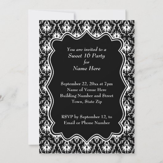 Damask Sweet 16 in Schwarz und Weiß. Einladung (Vorderseite)