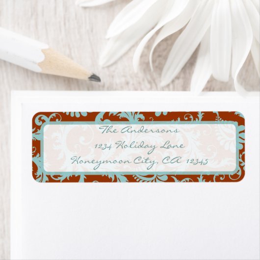 Damask Swirl Aqua Blue & Brown Address Label (Insitu)