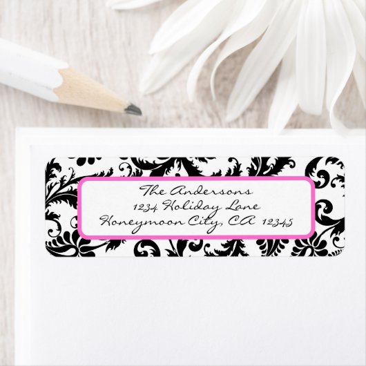 Damask Swirl Bright Pink & Black Address Label (Insitu)