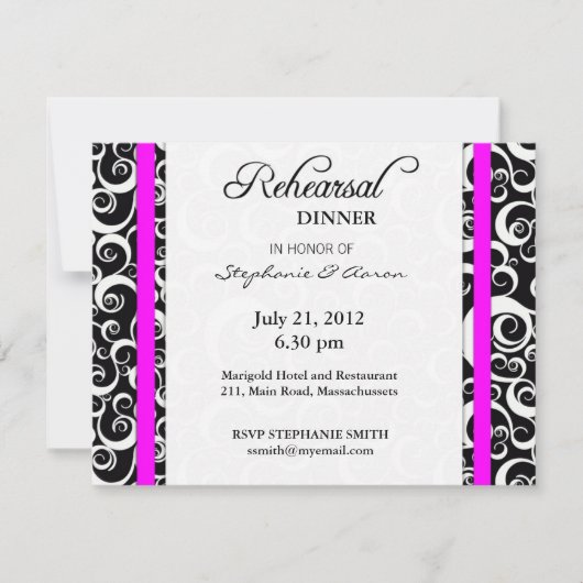 Damask Swirl Probe Dinner Card in Fuchsia Einladung (Vorderseite)