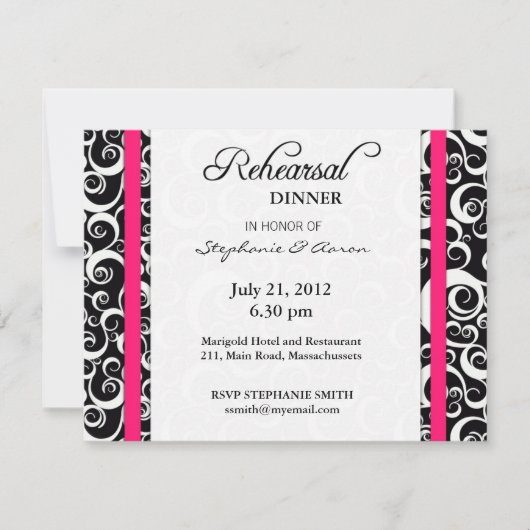 Damask Swirl Probe Dinner Card in Hot Pink Einladung (Vorderseite)