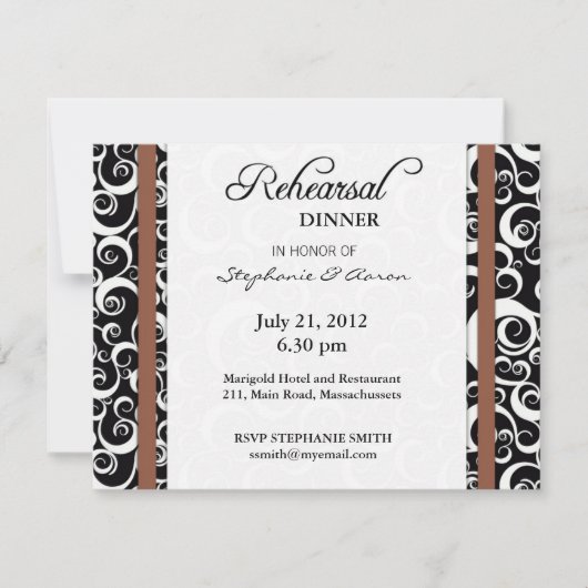 Damask Swirl Probe Dinner Card in Mocha Einladung (Vorderseite)