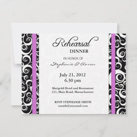 Damask Swirl Probe Dinner Card Lila Einladung (Vorderseite)