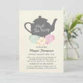 Damask & Teapot Hoher Tee Einladung (Stehend Vorderseite)
