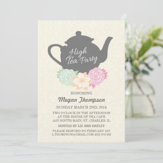 Damask & Teapot Hoher Tee Einladung (Stehend Vorderseite)