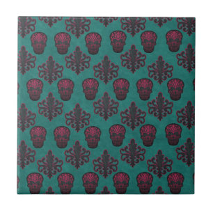 DAMASK TOTENKOPF HEISS PINK AUF BLAUGRÜN FLIESE