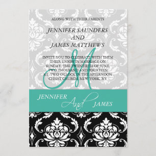Damask Türkis Monogram Names Wedding Einladung