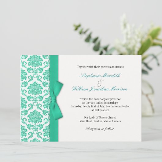Damask Turquoise Bow Wedding Einladung (Stehend Vorderseite)