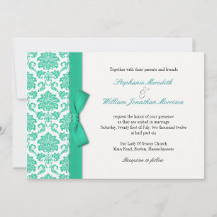 Damask Turquoise Bow Wedding Einladung